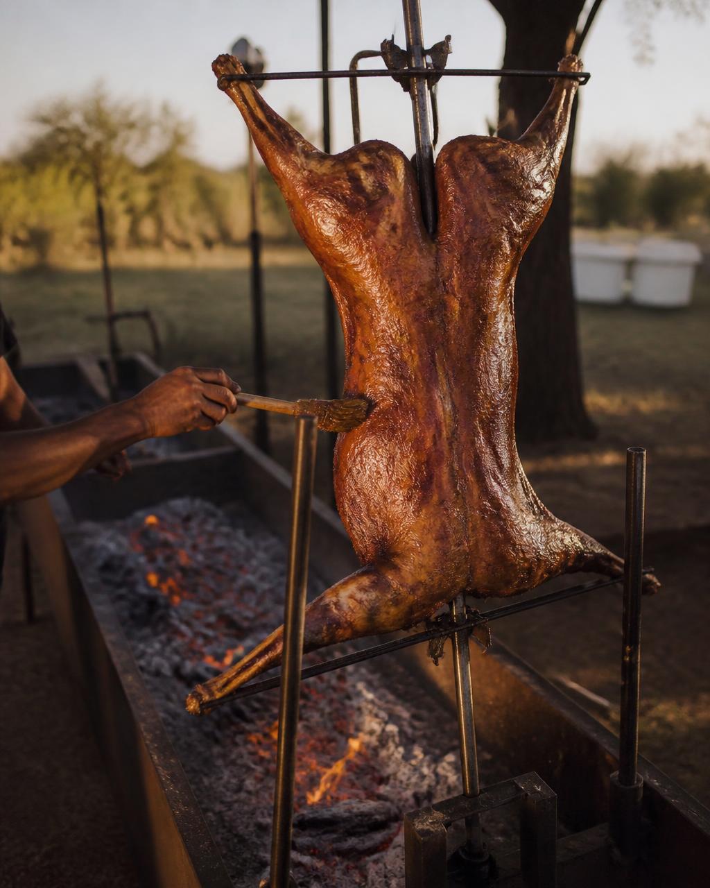 Braai master basting a lamb on the spit over coals